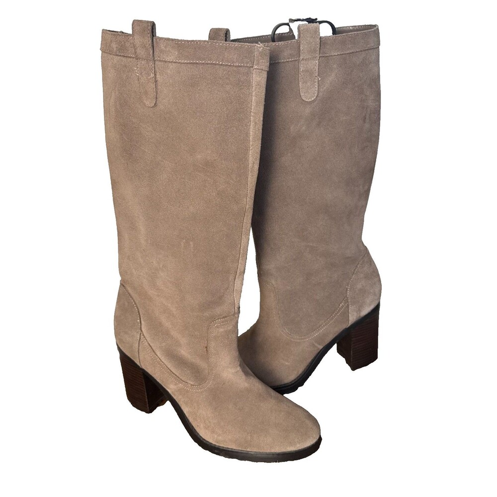 Lauren Ralph Lauren Taupe Suede Tall Boots Women's 10B Leather Block Heel Riding - Picture 2 of 13